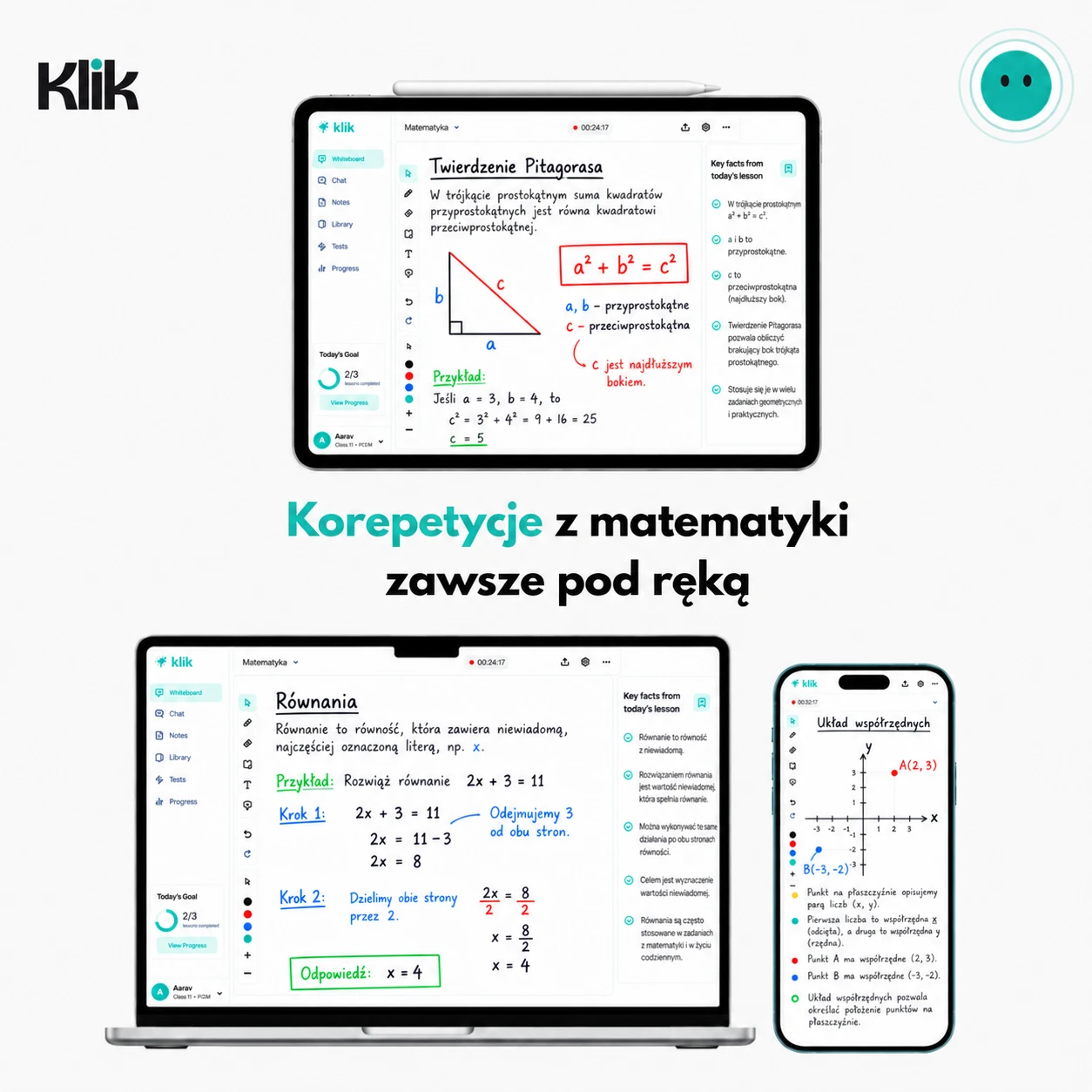 Klik jako korepetytor matematyki dostępny na tablecie, komputerze i telefonie